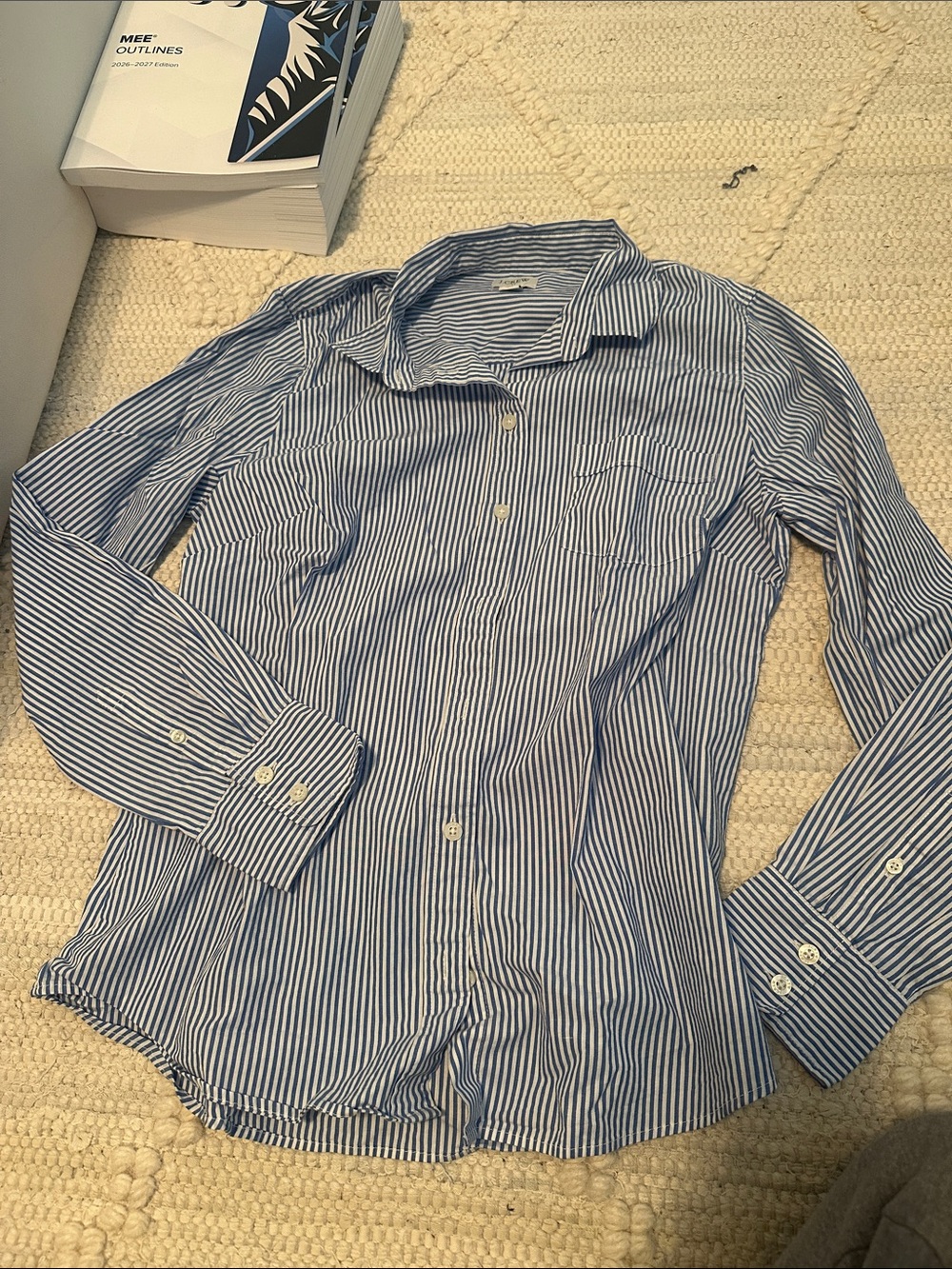 J. Crew Blue and White Narrow-Stripe Dress Shirt